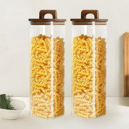 Square Glass Storage Jars with Acacia Wood Lids – Set of 2 (1800ml) Large Pantry Containers with Handle Lids for Pasta, Oats, Flour, Cookies, Coffee, Rice & More