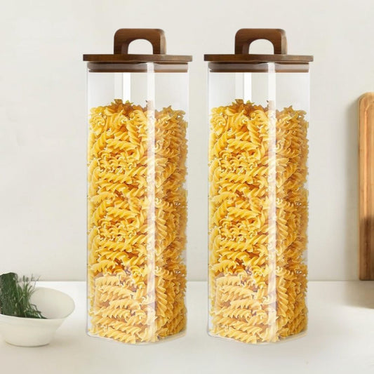 Square Glass Storage Jars with Acacia Wood Lids – Set of 2 (1800ml) Large Pantry Containers with Handle Lids for Pasta, Oats, Flour, Cookies, Coffee, Rice & More