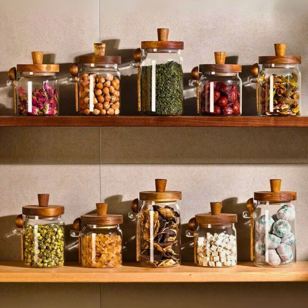 Glass Storage Jar with Acacia Wooden Lid & Spoon – Airtight Food Container for Coffee, Tea, Sugar, Spices & Dry Foods – 400ml / 600ml / 800ml Kitchen Canister