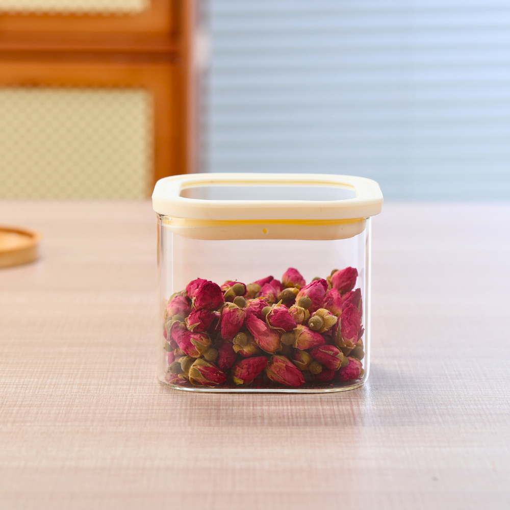 1CHASE Square Glass Storage Jars – 900ML (Set Of 2) | Airtight & Stackable Borosilicate Food Storage Jars with Silicone Lids for Kitchen, Pantry, Snacks, Spices & Dry Food