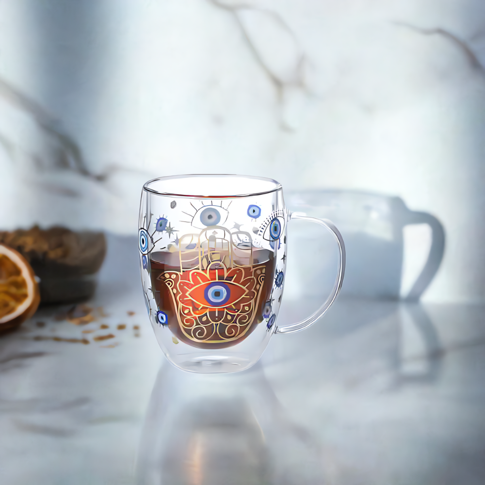 Evil Eye Double Wall Glass Coffee Mugs – 350ml, Set of 2 | Insulated Heat-Resistant Cups for Hot & Cold Beverages
