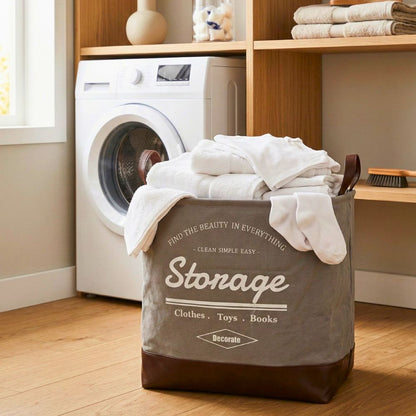 Foldable Square Laundry Basket 40L – Fabric Storage Hamper with Leather Base & Handles, Collapsible Clothes Organizer for Laundry, Toys & Home Storage