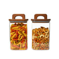 Square Glass Storage Jars with Acacia Wood Lids – Set of 2 (1500ml) Airtight Pantry Containers with Handle Lids for Pasta, Oats, Flour, Cookies, Coffee, Rice & More
