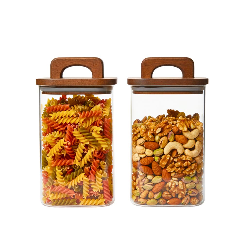 Square Glass Storage Jars with Acacia Wood Lids – Set of 2 (1500ml) Airtight Pantry Containers with Handle Lids for Pasta, Oats, Flour, Cookies, Coffee, Rice & More