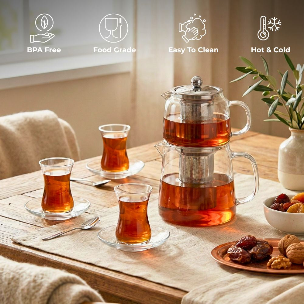 Borosilicate Glass Turkish Tea Maker Set (Çaydanlık), 450ML Teapot & 1500ML Kettle, Heat-Resistant Tea Set for Gas & Electric Stove, Traditional Caydanlik