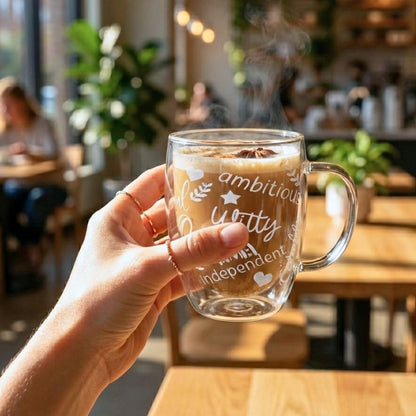 Borosilicate Double Wall Themed Coffee Cup with Handle and Straw 350 ML (Set of 2), Double Insulated Glass Cup for Hot Cold Beverages, Cappuccino (Positive Quotes)