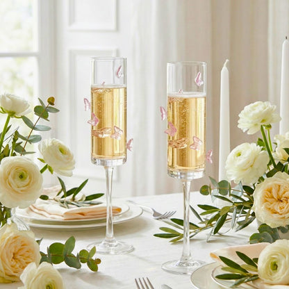 Champagne Flute Glasses with Butterfly Design, 180ML Elegant Stemware Set of 2, Clear Glass Sparkling Wine & Prosecco Glasses for Celebrations