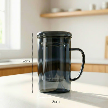 Smoky Grey Borosilicate Glass Mug with Handle and Infuser, 450ml, Heat-Resistant Tea and Coffee Mug with Lid, 1Pc