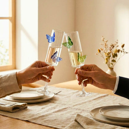 Butterfly Champagne Glass Set of 6, 180ML Flute Shape Wine Glasses with Sapphire, Emerald & Amber Butterfly Design, Elegant Glassware for Champagne, Red & White Wine