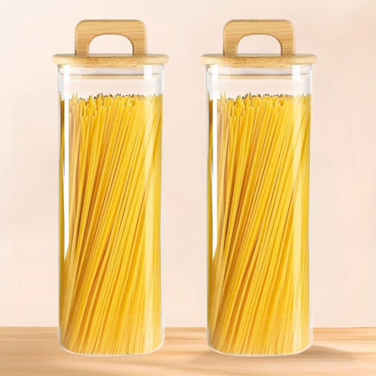 Square Glass Storage Jars with Acacia Wood Lids – Set of 2 (1500ml) Airtight Pantry Containers with Handle Lids for Pasta, Oats, Flour, Cookies, Coffee, Rice & More