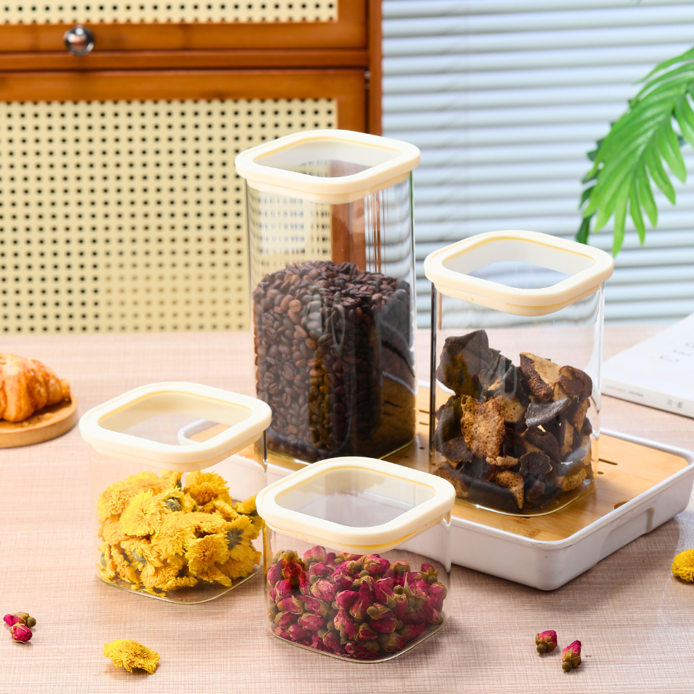 1CHASE Square Glass Storage Jars – Set of 4 (900ML, 1100ML, 1500ML, 1800ML) | Airtight & Stackable Borosilicate Food Storage Jars with Silicone Lids for Kitchen, Pantry, Snacks, Spices & Dry Food