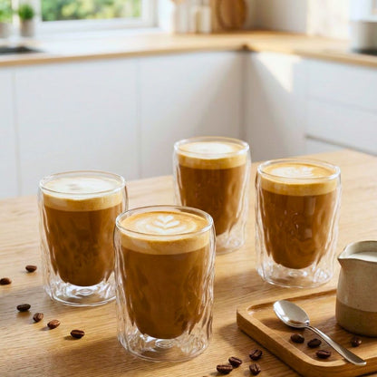Double Wall Borosilicate Glacier Glass Cups 400ML Set of 4, Insulated Clear Coffee & Tea Glasses for Hot and Cold Drinks, Latte, Cappuccino, Milk, Juice Drinkware