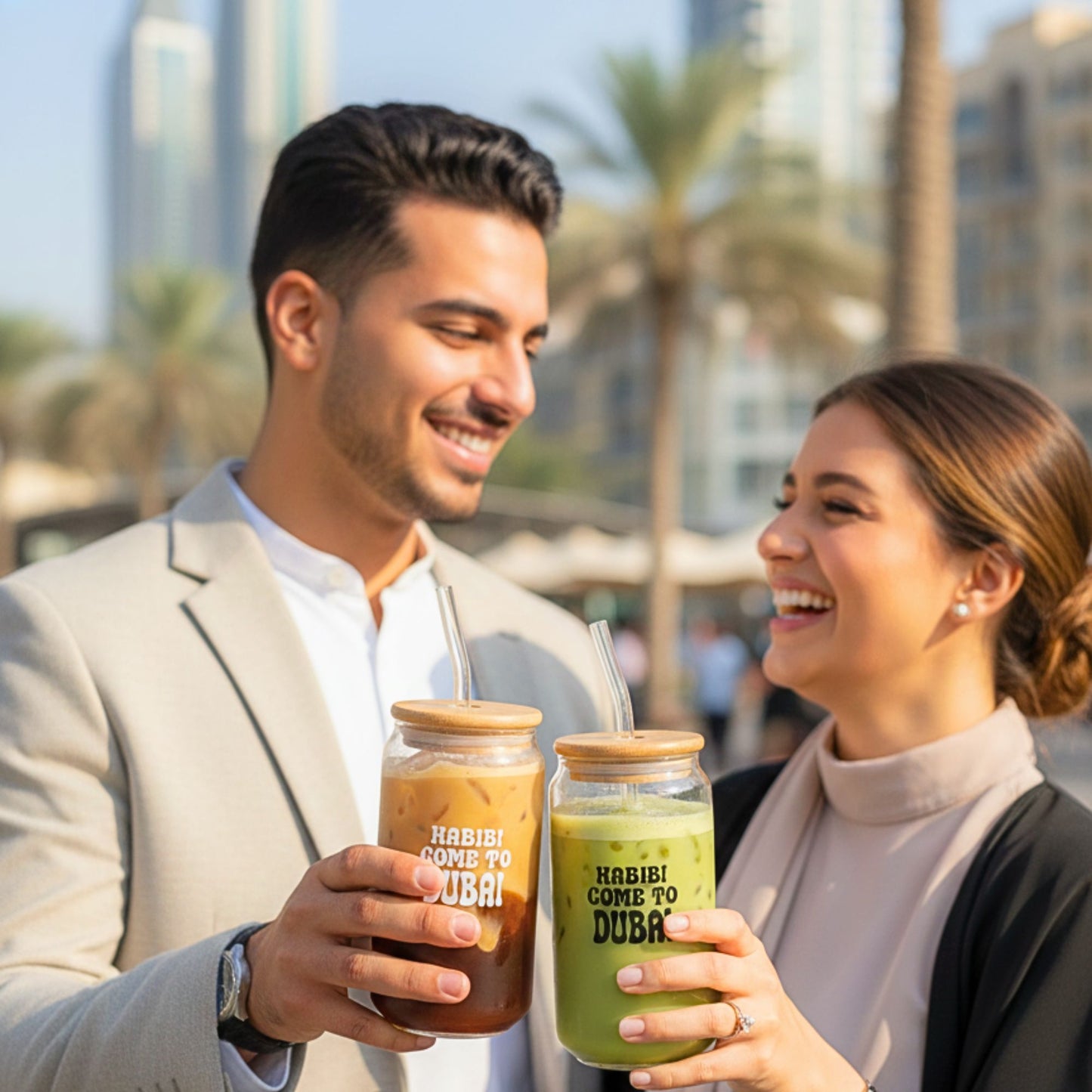1CHASE “Habibi Come to Dubai” Borosilicate Sipper Glasses – Set of 2, 550ML Can-Shaped Glasses with Bamboo Lids & Glass Straws