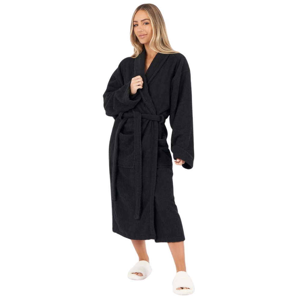 Cotton Terry Bathrobe – Shawl Collar, Black, L/XL, Unisex