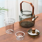 Borosilicate Glass Teapot – Smokey Grey 1000 ML, Heat-Resistant with Acica Wooden Handle & Strainer – Compatible with Electric Stoves