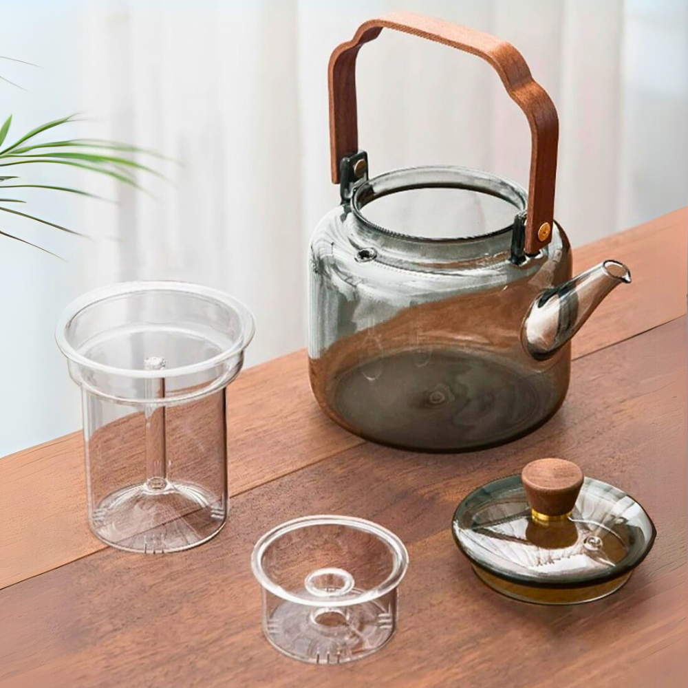 Borosilicate Glass Teapot – Smokey Grey 1000 ML, Heat-Resistant with Acica Wooden Handle & Strainer – Compatible with Electric Stoves