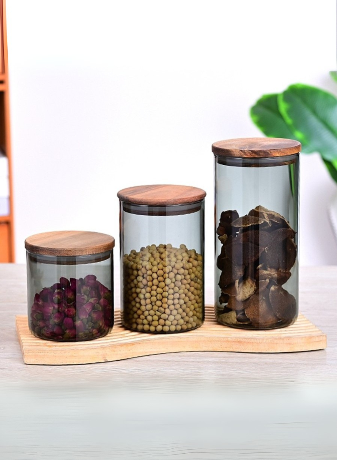 1Chase Borosilicate Glass Storage Jar Smoky Grey - (Set of 3) | Airtight Food Container with Acacia Wooden Lid | Durable & Stylish Kitchen Storage 600ML, 900ML, 1300ML