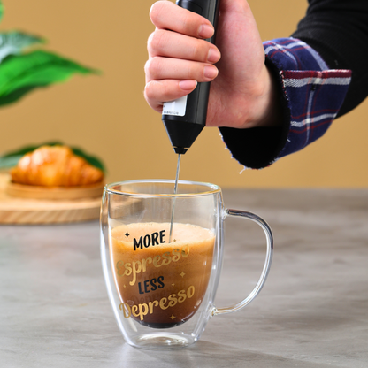 Double Wall Glass Mugs with Handle – "But First Coffee" & "More Espresso Less Depresso" Print – 350ml Heat-Resistant Insulated Cups – Set of 2 for Coffee, Tea, Hot & Cold Beverages