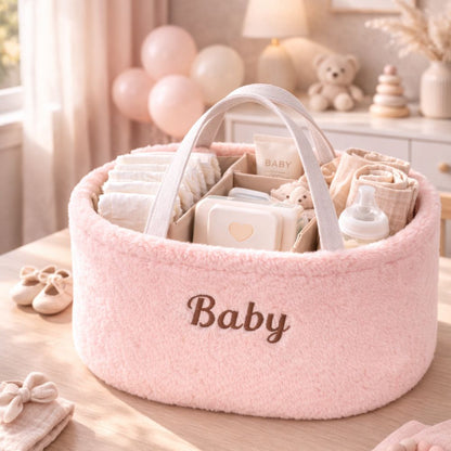 Baby Diaper Caddy Organizer – Soft Plush Nursery Storage Basket with Handles, Portable Changing Table & Car Organizer for Newborn Essentials