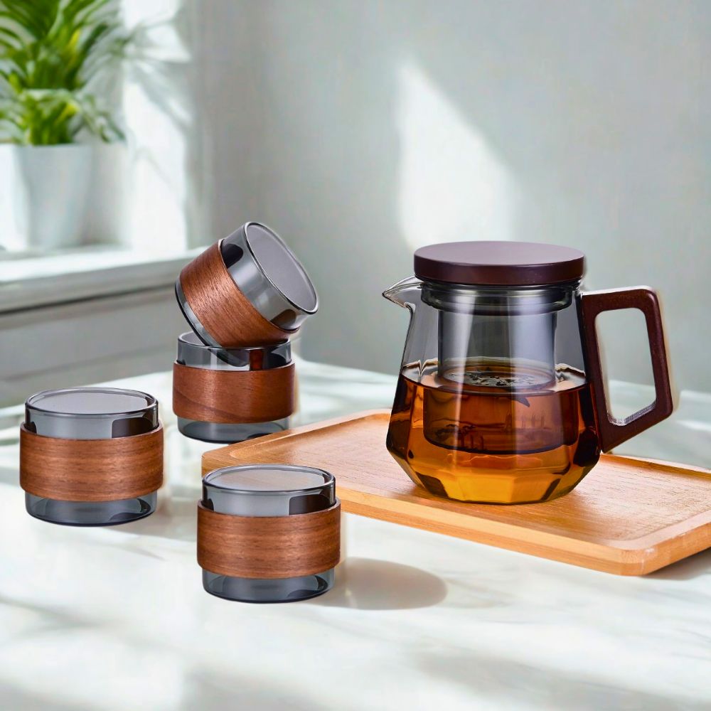 Glass Tea Set – 500ml Smoky Grey Teapot with Walnut Handle & Lid + 4pcs 130ml Cups, Heat-Resistant Tea Pot and Cup Set for Home & Office