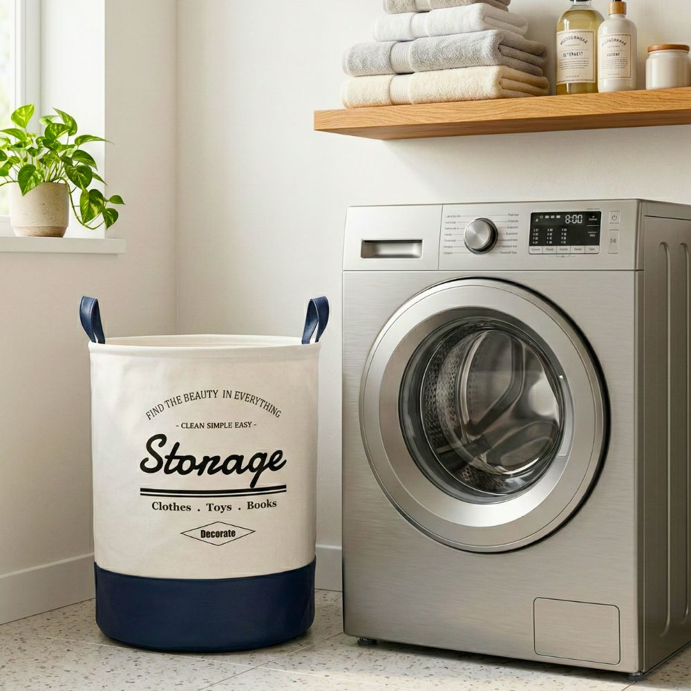 Round Foldable Laundry Basket with Leather Base – 60L