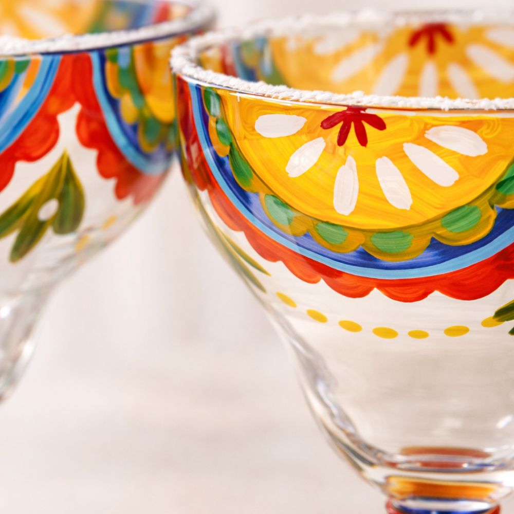 Hand Painted Margarita Glasses Moroccan Collection, Orange Blossom Design 270ML Set of 2, Artisan Decorative Cocktail Glassware, Unique Kitchen Table Décor Glasses