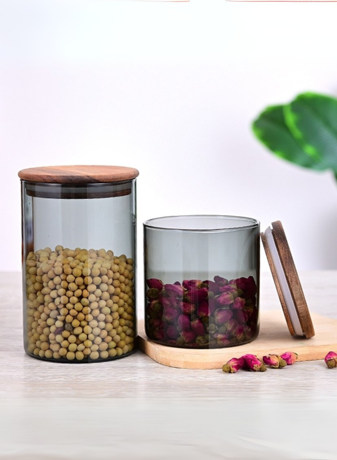 1Chase Borosilicate Glass Storage Jar Smoky Grey 1300 ML - (Set of 2) | Airtight Food Container with Acacia Wooden Lid | Durable & Stylish Kitchen Storage