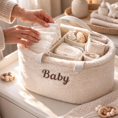 Baby Diaper Caddy Organizer – Soft Plush Nursery Storage Basket with Handles, Portable Changing Table & Car Organizer for Newborn Essentials