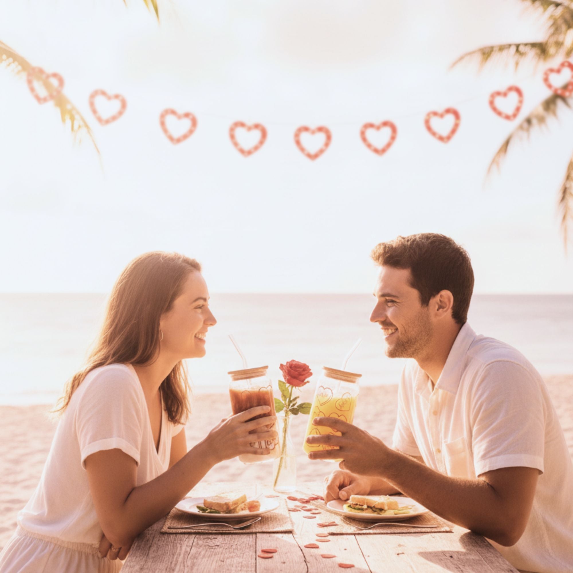 Valentine-Themed Borosilicate Sipper Glass Set – 2 x 550ML Glasses with Bamboo Lids – Romantic Drinkware Gift for Couples