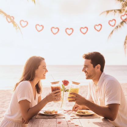 Valentine-Themed Borosilicate Sipper Glass Set – 2 x 550ML Glasses with Bamboo Lids – Romantic Drinkware Gift for Couples