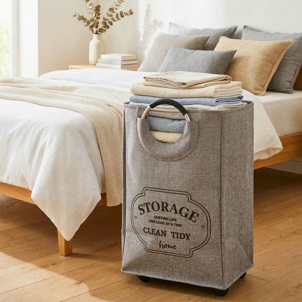 Rolling Laundry Basket with Wheels, Foldable Fabric Clothes Hamper with Aluminium Handles, Laundry Storage Basket 70L Large