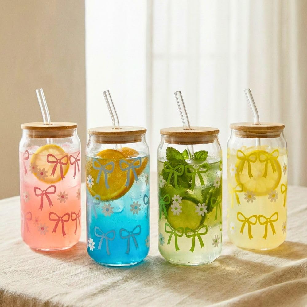 450ML Sipper Glass with Bow Print Set of 4, Mason Jar with Bamboo Lids & Glass Straws
