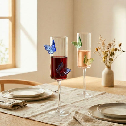Butterfly Champagne Glass Set of 6, 180ML Flute Shape Wine Glasses with Sapphire, Emerald & Amber Butterfly Design, Elegant Glassware for Champagne, Red & White Wine