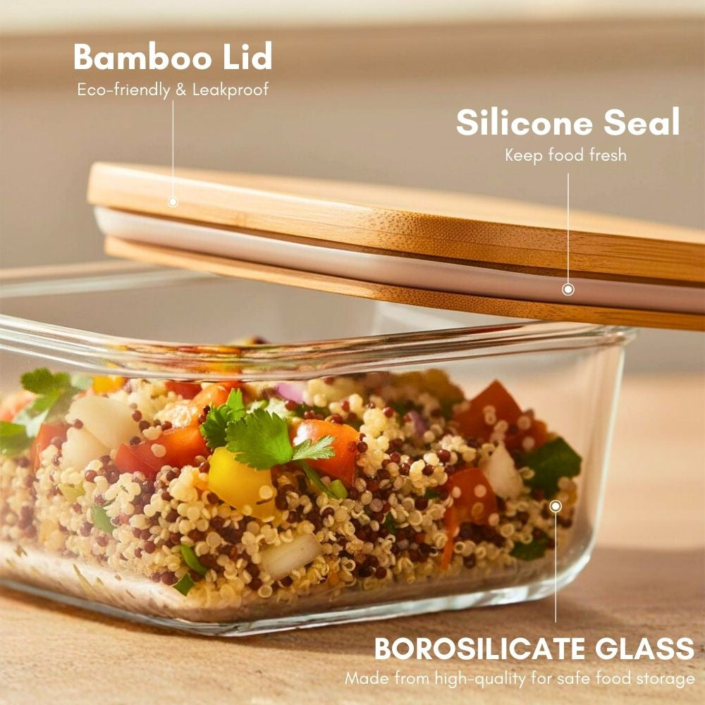 Borosilicate Glass Food Storage Containers with Bamboo Lids, 3 Sizes 400ML 700ML 1000ML, Airtight BPA-Free Meal Prep & Lunch Boxes, Reusable Plastic-Free Containers