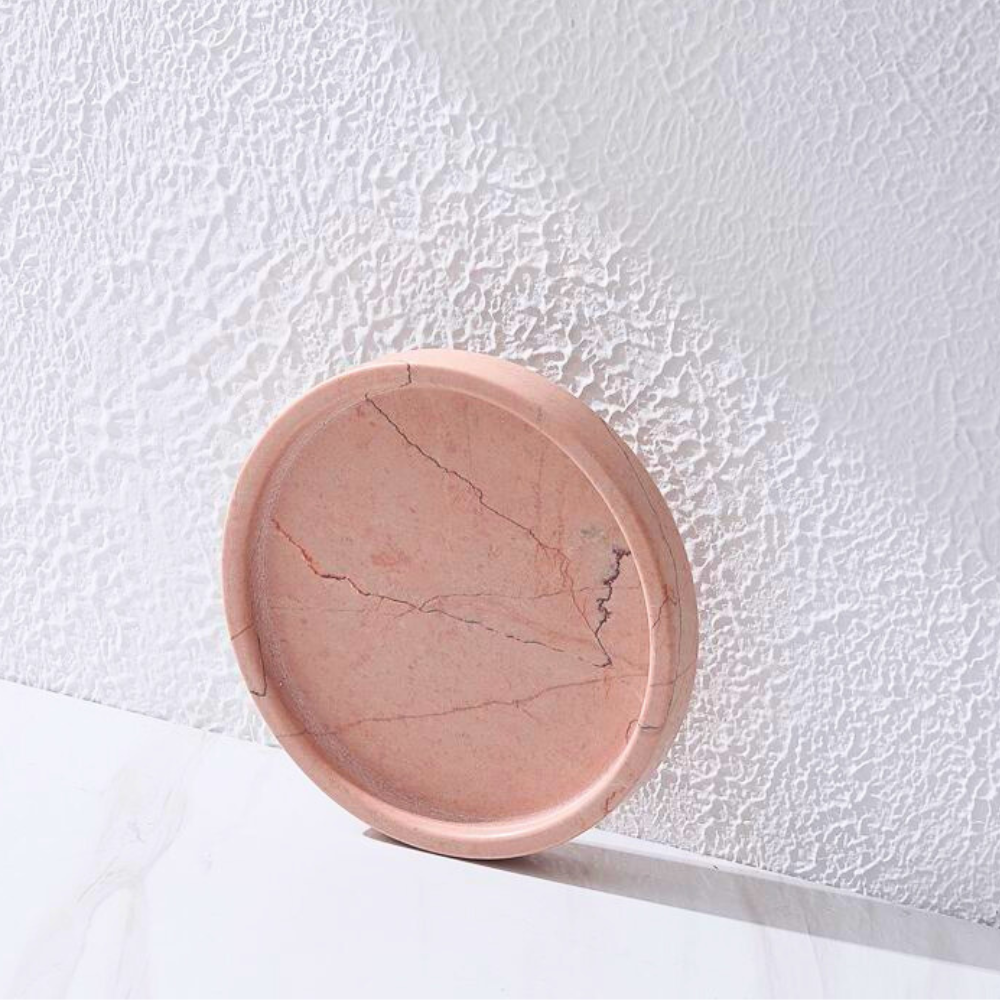 Elegant Pink Natural Round Marble Tray – Luxury Serving Tray for Home Décor, Coffee Tables, & Organizing Essentials