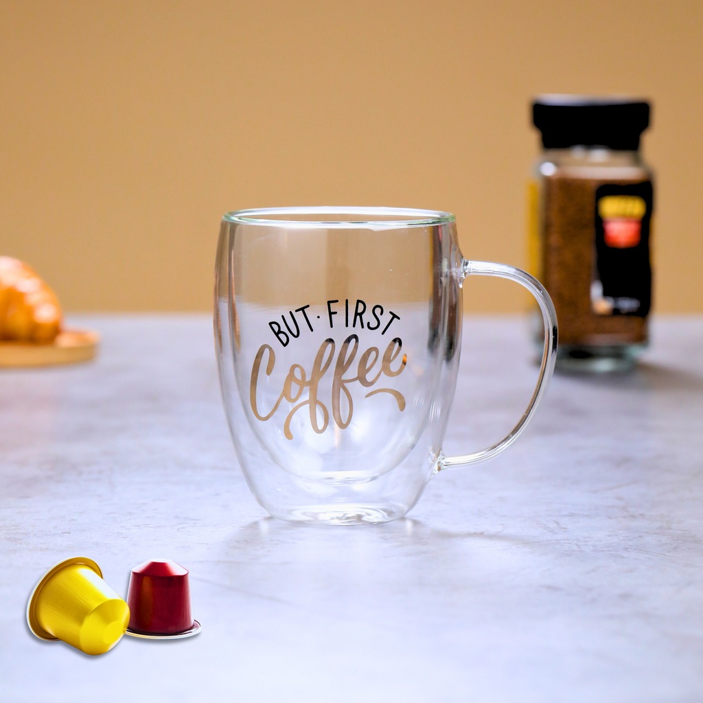 Borosilicate But First Coffee Printed Double Wall Glass with Handle and Straw 350 ML (Set of 2)