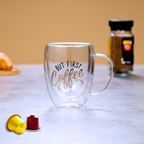 Borosilicate But First Coffee Printed Double Wall Glass with Handle and Straw 350 ML (Set of 2)