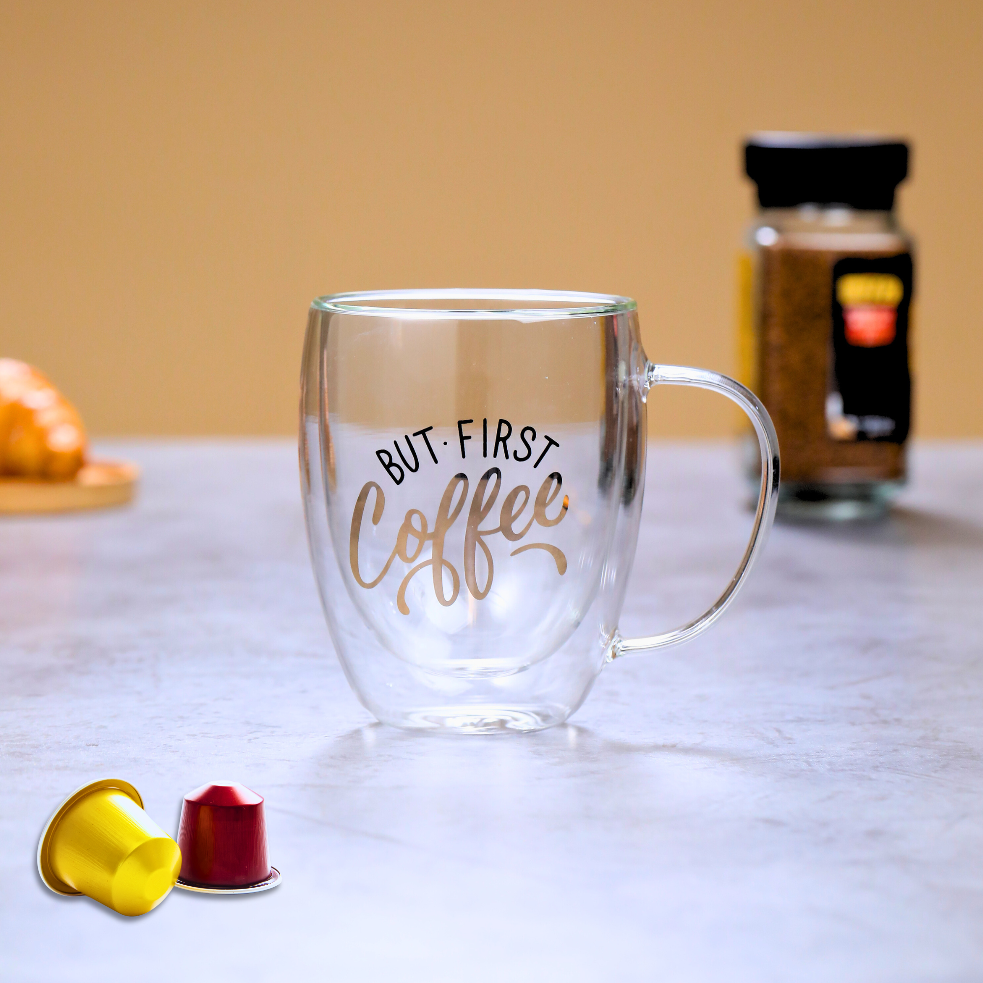 Borosilicate But First Coffee Printed Double Wall Glass with Handle and Straw 350 ML (Set of 2)