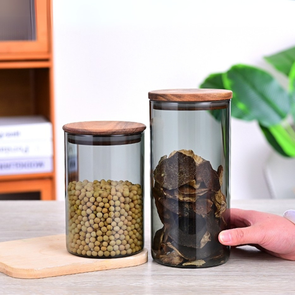 Borosilicate Glass Storage Jar Smoky Grey - (Set of 3) | Airtight Food Container with Acacia Wooden Lid | Durable & Stylish Kitchen Storage 600ML, 900ML, 1300ML