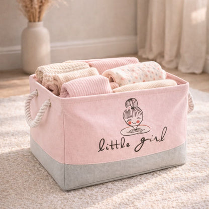 Kids Ballet Bow Rectangular Storage Basket 50L (40x28x24cm) – Foldable Canvas Toy & Laundry Organizer with Rope Handles for Nursery, Bedroom & Playroom