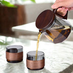 Glass Tea Set – 500ml Smoky Grey Teapot with Walnut Handle & Lid + 4pcs 130ml Cups, Heat-Resistant Tea Pot and Cup Set for Home & Office