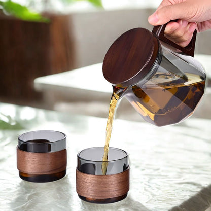Glass Tea Set – 500ml Smoky Grey Teapot with Walnut Handle & Lid + 4pcs 130ml Cups, Heat-Resistant Tea Pot and Cup Set for Home & Office