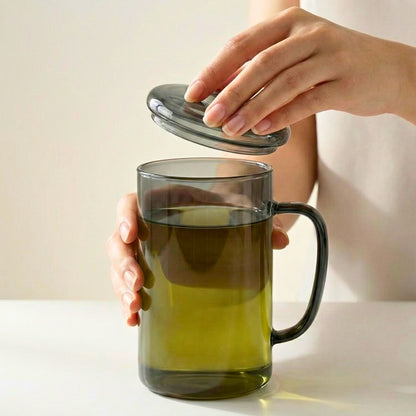Smoky Grey Borosilicate Glass Mug with Handle and Infuser, 450ml, Heat-Resistant Tea and Coffee Mug with Lid, 1Pc