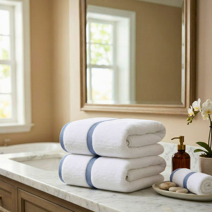 Bath Towel Set 2-Piece – 100% Cotton 600 GSM Soft & Absorbent Bathroom Towels with Border Stripe, Premium Large Towels for Home, Spa & Hotel Use