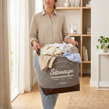 Foldable Square Laundry Basket 40L – Fabric Storage Hamper with Leather Base & Handles, Collapsible Clothes Organizer for Laundry, Toys & Home Storage