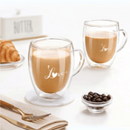 Romantic Borosilicate Double Wall Glass Mugs with Handle, 350ml - Love Print Design, Set of 2 - Perfect for Valentine's Day Gifting, Couples, Anniversaries & Special Occasions