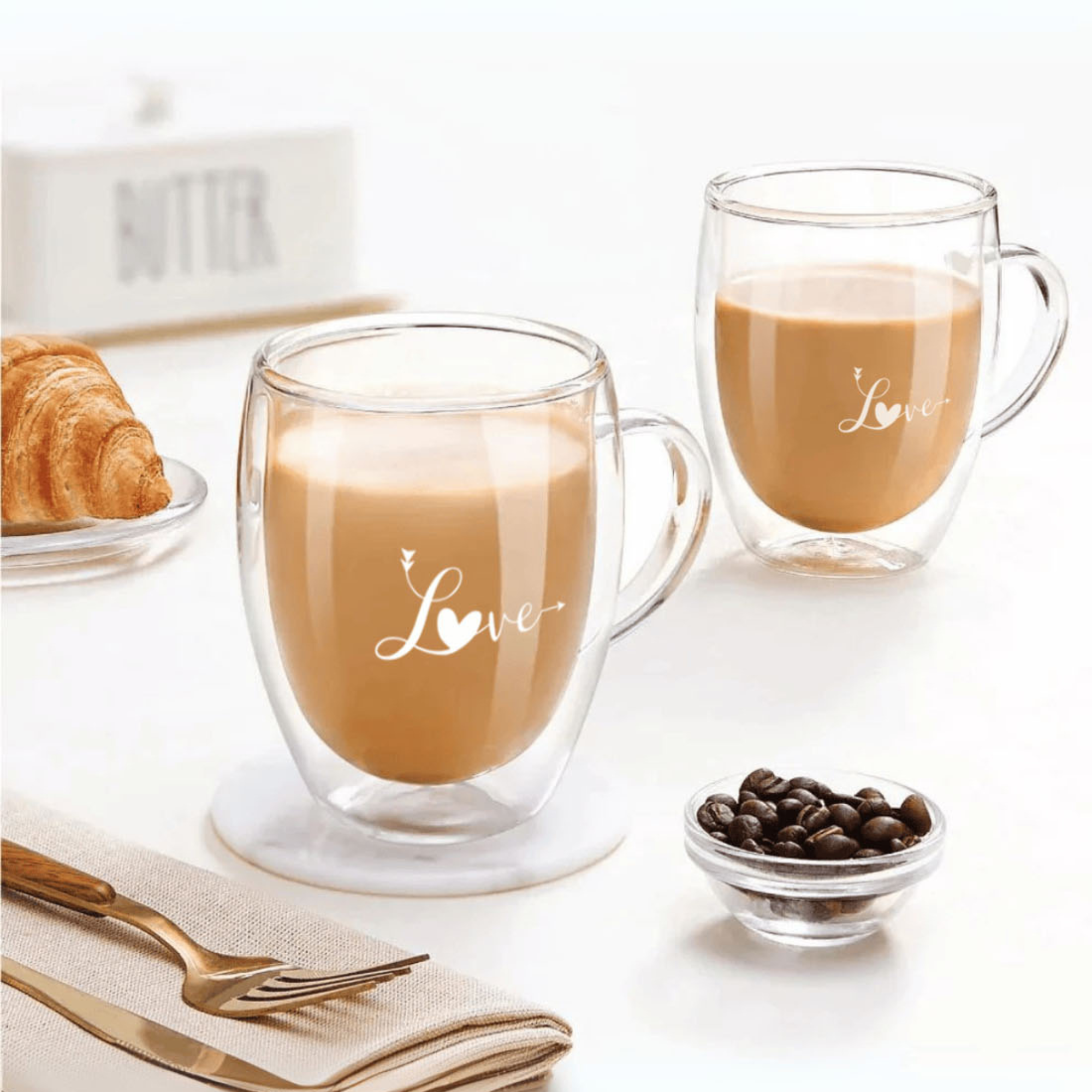 Romantic Borosilicate Double Wall Glass Mugs with Handle, 350ml - Love Print Design, Set of 2 - Perfect for Valentine's Day Gifting, Couples, Anniversaries & Special Occasions