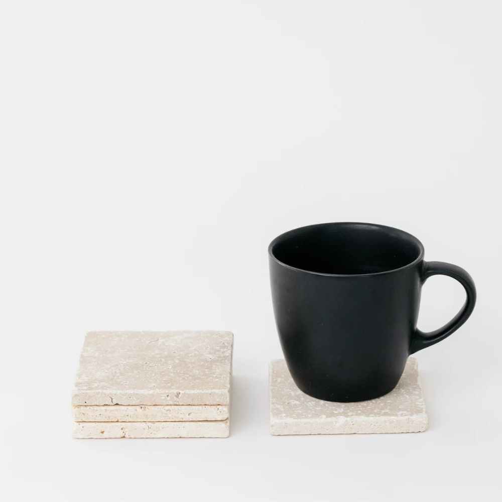 Natural Travertine Marble Coasters – Set of 4 (10x10cm) | Premium Travertine Marble Drink Coasters for Home & Office