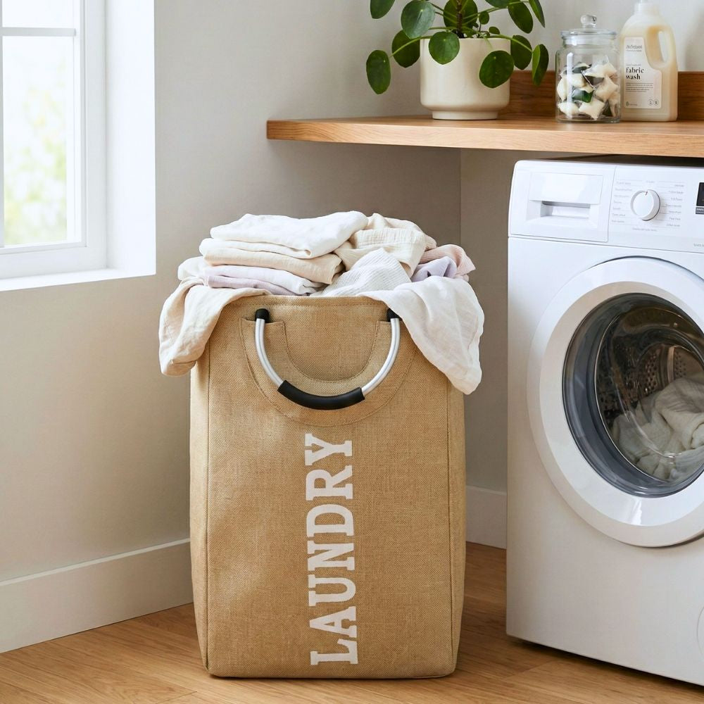Foldable Laundry Basket with Handle, 30x20x50cm, 55Ltr, Large Capacity, Waterproof, Dirty Clothes Storage Bag, Space Saving, Beige