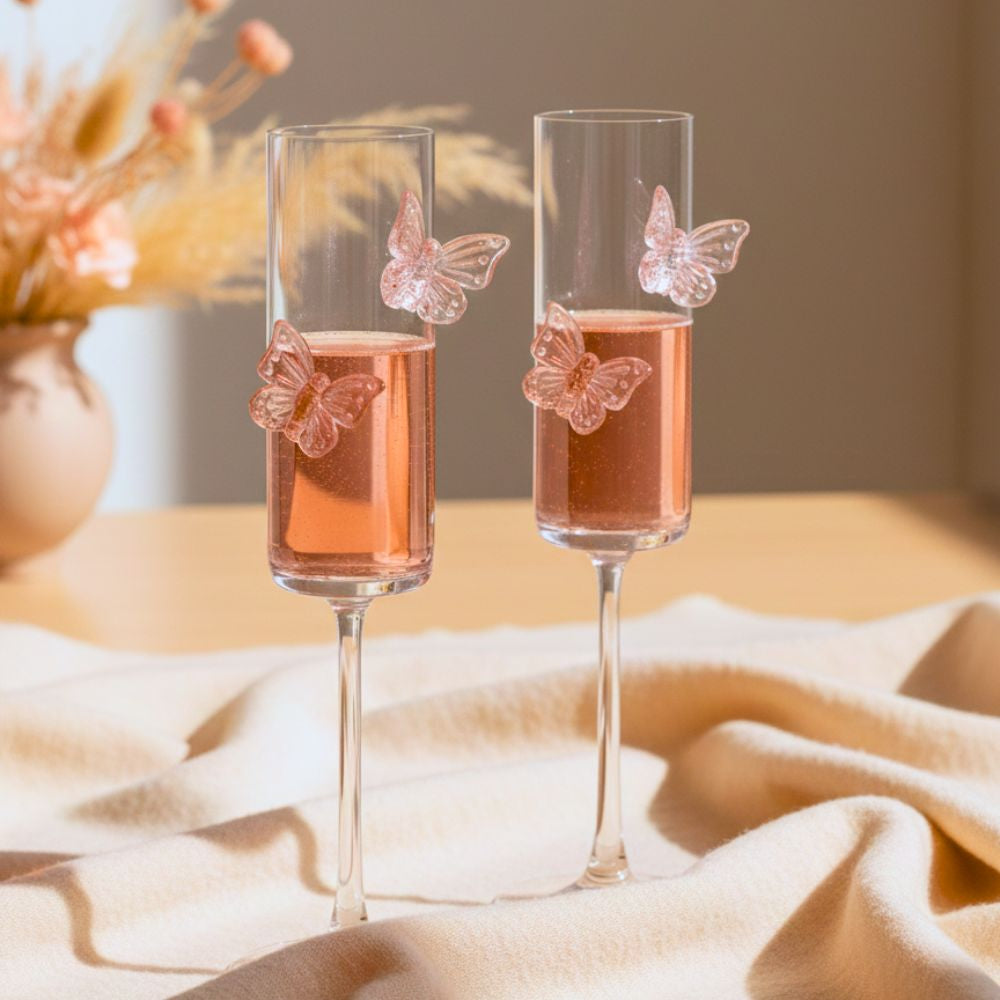 Butterfly Champagne Glass Set of 2, Flute Shape, Pink Butterfly Design, 180ML, for Red Wine, White Wine, Champagne, Sparkling Drinks